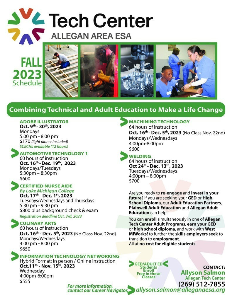 Fall Adult Ed classes. CAll 269-512-7855 for more info or to register.